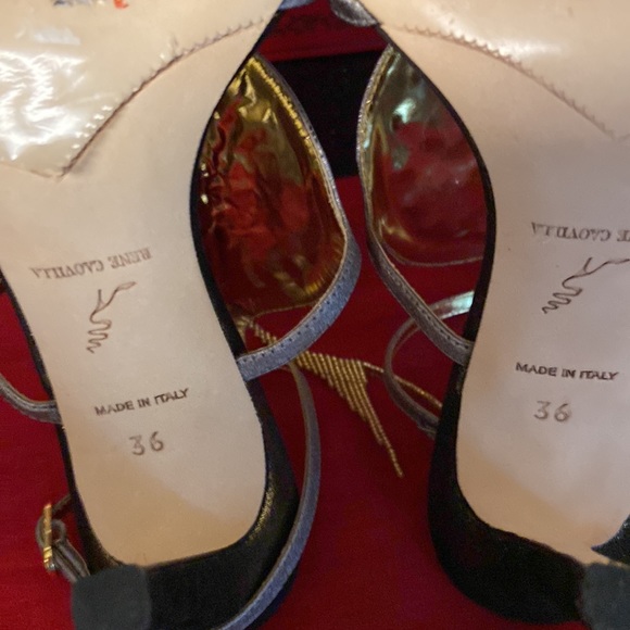 Rene Caovilla "Rosa" Black Sequin Medallions Gold & Platinum High Heel Sandals - Picture 9 of 16